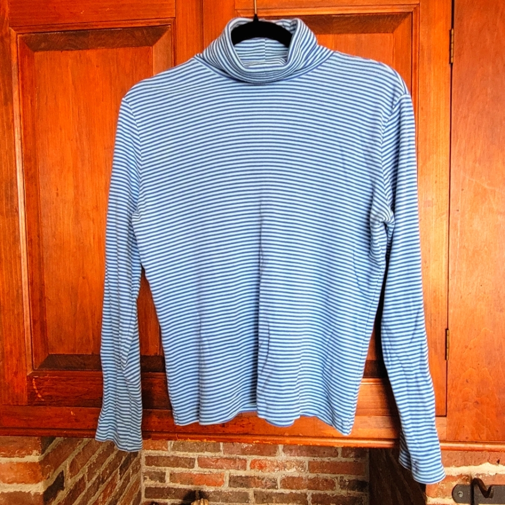 Talbots Blue/Light Blue Striped Cotton Turtleneck Size L
